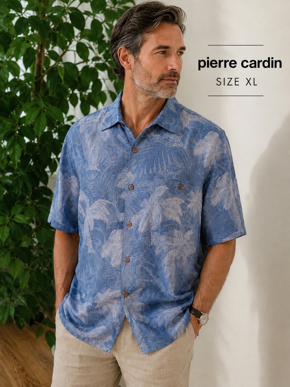 Pierre Cardin Men’s Hawaiian Palm Print Button Front Shirt XL Blue Tropical